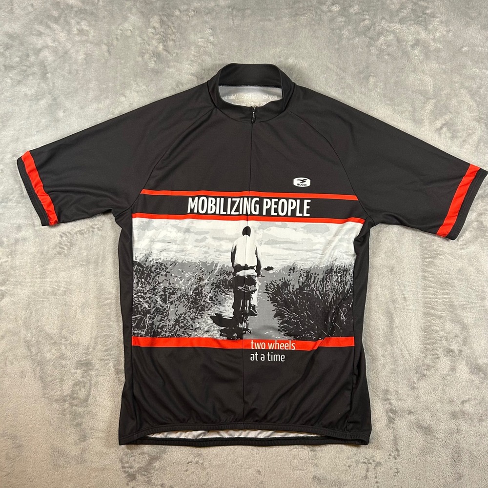 Sugoi World Bicycle Relief Cycling Jersey Mens Large Black Orange Short Sleeve
